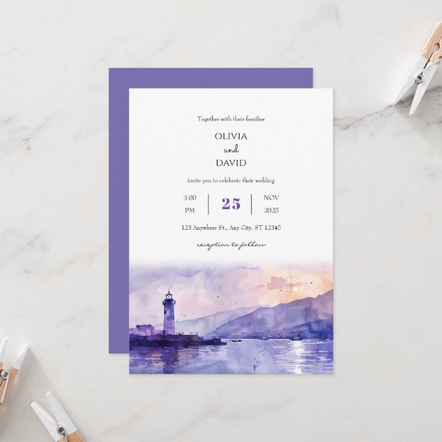 Invitation Purple Twilight Lighthouse Harbour Beach Mariage (Devant/Arrière en situation)