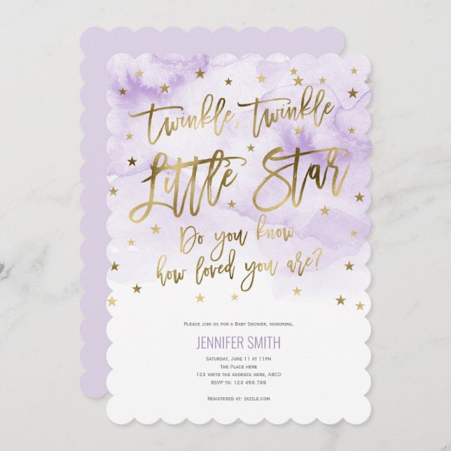 Invitation Purple, Twinkle Stars , Watercolor, Baby Girl (Devant / Derrière)