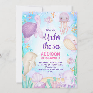 Invitation Purple Under the Sea Creatures Criters Anniversair