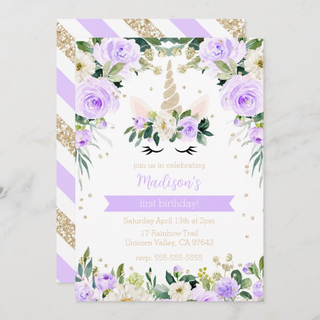 Invitation Purple Unicorn Fille Anniversaire (Devant / Derrière)