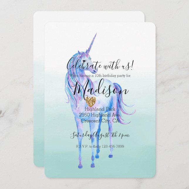 Invitation Purple Unicorn Gold Parties scintillant Coeur Mint (Devant / Derrière)