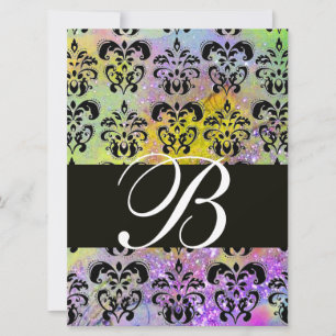Invitation PURPLE VERT JAUNE BLACK DAMASK MONOGRAM, blanc