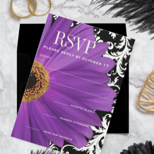 Invitation Purple Vintage Damask Gerber Daisy Wedding RSVP