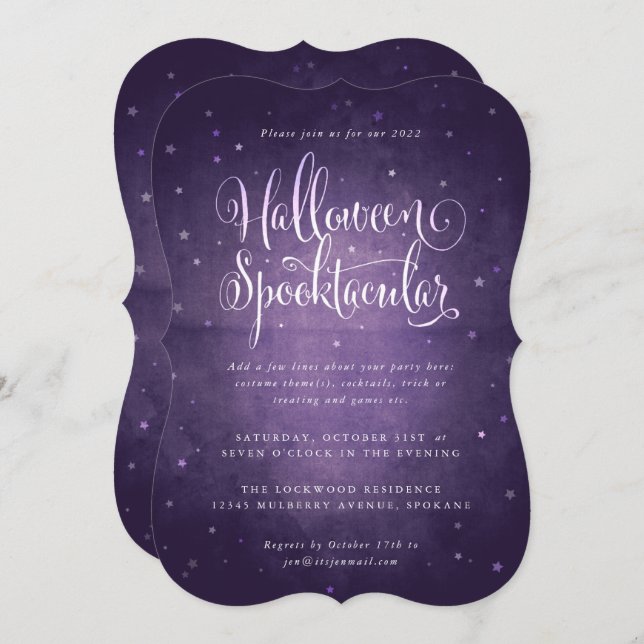 Invitation Purple Vintage Stars Halloween Spooktacular Party (Devant / Derrière)