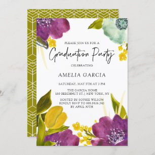Invitation Purple Watercolor Flowers Graduation Party