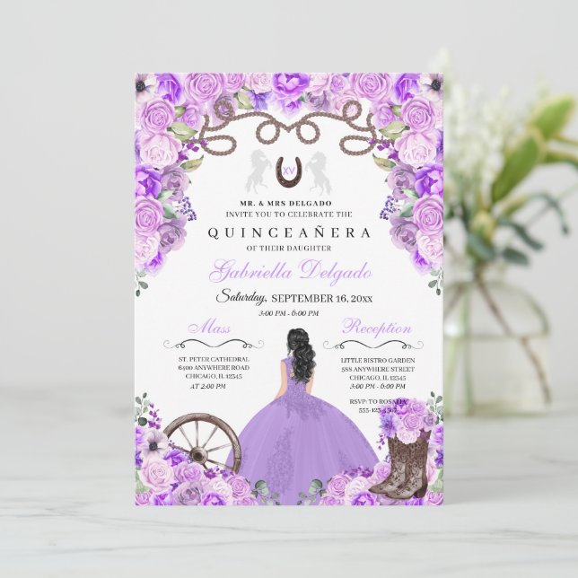Invitation Purple Western Charra Girl Ranchero Quinceanera (Debout devant)