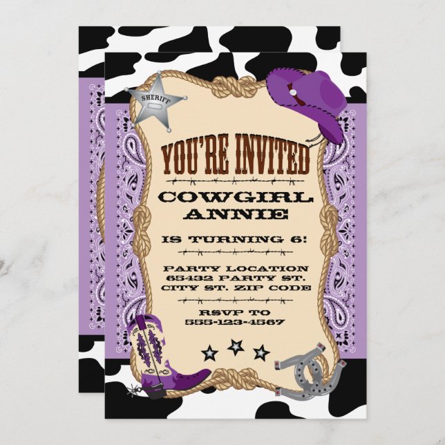 Invitation Purple Western, Cowgirl Birthday Party (Devant / Derrière)