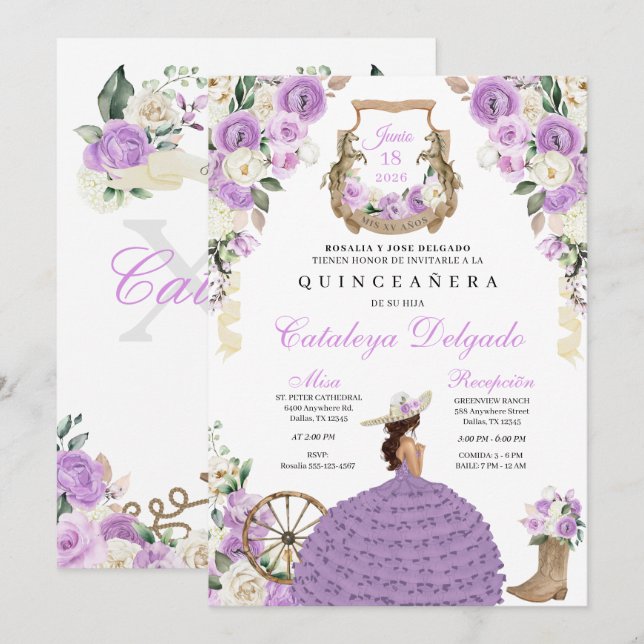 Invitation Purple Western Fiesta Charro Quinceañera (Devant / Derrière)