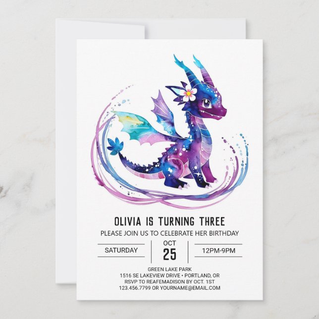 Invitation Purple Whimsical Dragon Digital Girl Anniversaire (Devant)