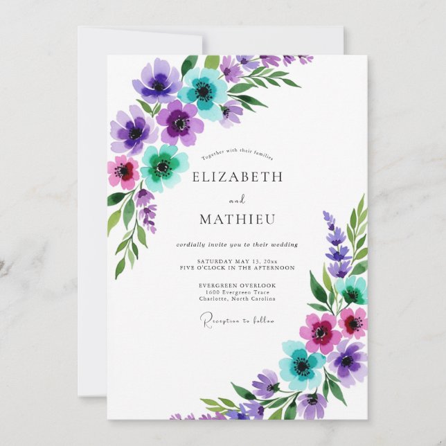 Invitation Purple Whimsical Watercolor Spring Wedding (Devant)