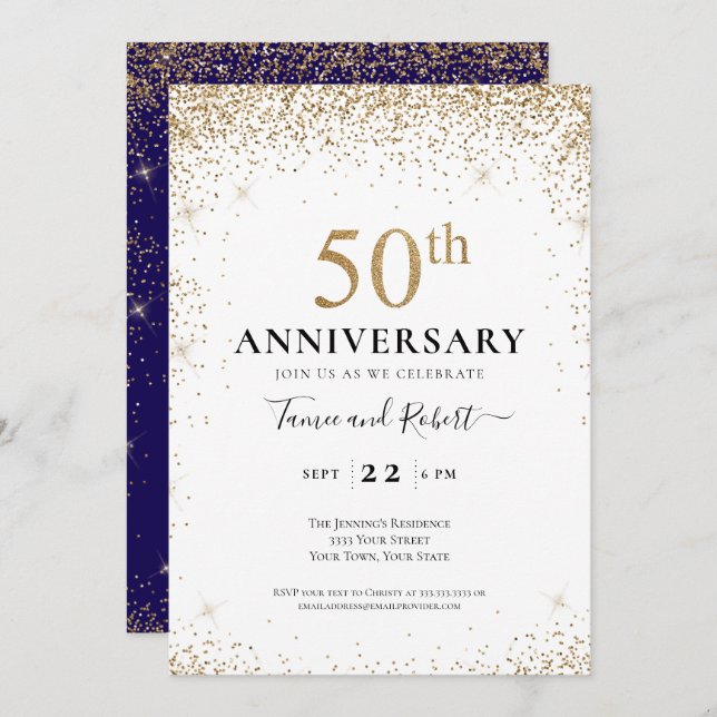 Invitation Purple White Gold 50th Wedding Anniversary  (Devant / Derrière)