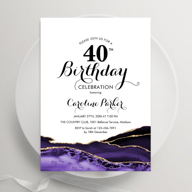 Invitation Purple White Gold Agate 40e anniversaire (Créateur téléchargé)