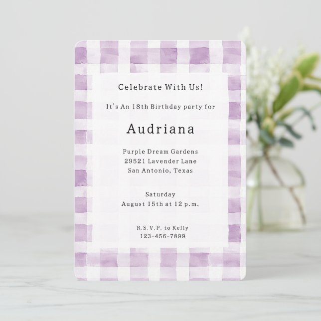 Invitation Purple White Plaid Stripes Birthday (Debout devant)