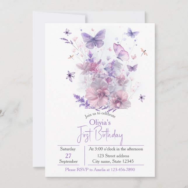 Invitation Purple Wildflowers Butterfly Girl's 1st Birthday  (Devant)