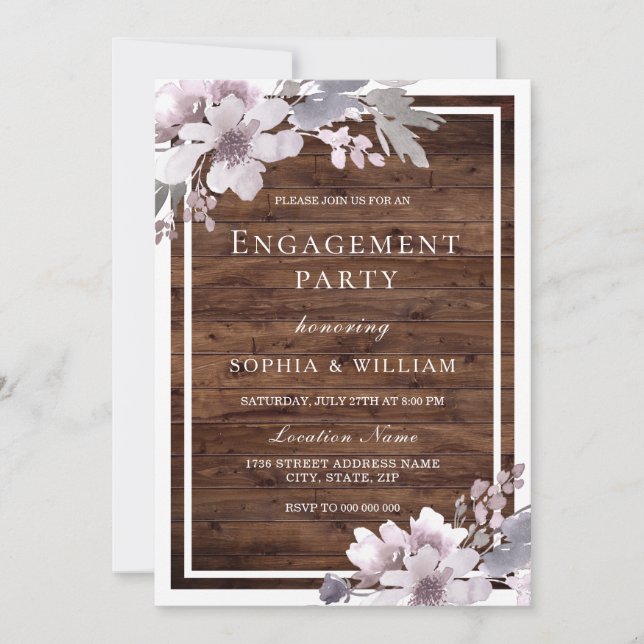 Invitation Purple Winter Floral Rustic Engagement Party (Devant)