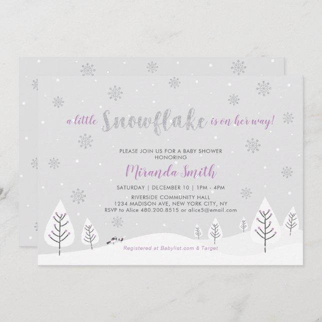 Invitation Purple Winter Wonderland Girl Baby shower/Sprinkin (Devant / Derrière)