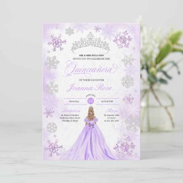Invitation Purple Winter Wonderland Snowflake Quinceanera (Debout devant)
