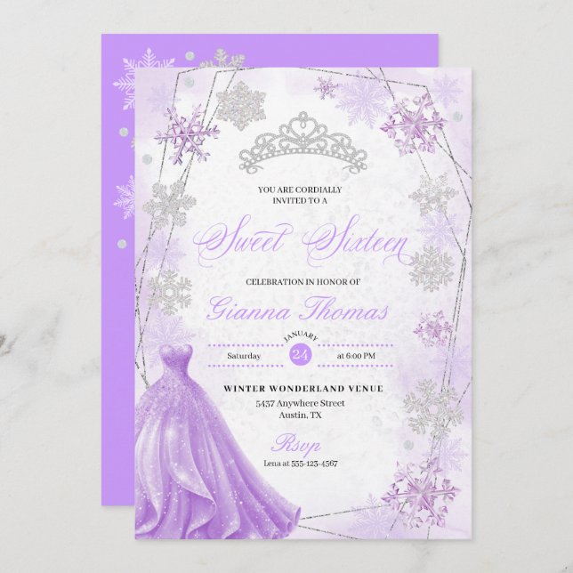 Invitation Purple Winter Wonderland Snowflake Sweet 16 (Devant / Derrière)