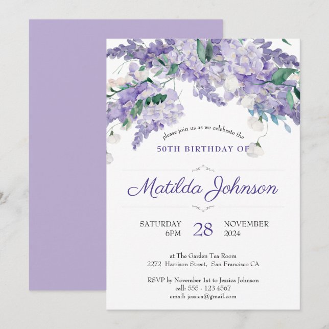 Invitation Purple Wisteria Floral Botanical 50e anniversaire (Devant / Derrière)