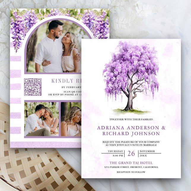 Invitation Purple Wisteria Floral Tree Photo QR Code Mariage (Créateur téléchargé)