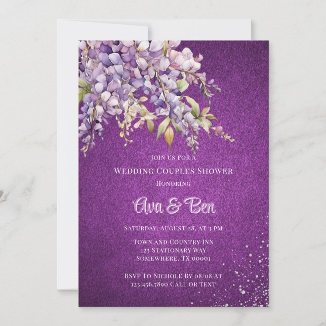 Invitation Purple Wisteria Parties scintillant Mariage Couple (Devant)