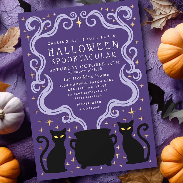 Invitation Purple Witchy Black Cat Cauldron Halloween Party (Créateur téléchargé)