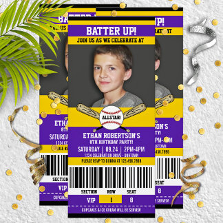 Invitation Purple|Yellow Ticket Style Baseball Anniversaire
