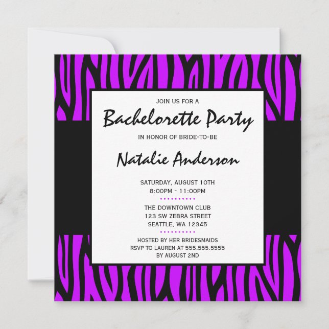 Invitation Purple Zebra Modern Bachelorette Party (Devant)
