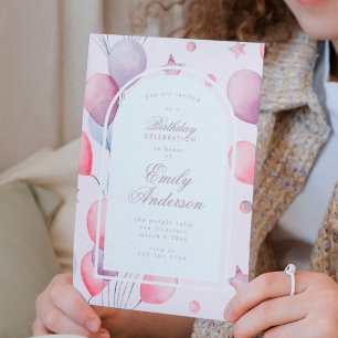 Invitation Purples roses   Balloons Étoiles Fille de fête d'a