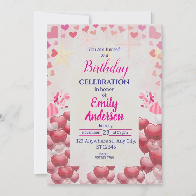 Invitation Purples roses | Balloons Étoiles Fille de fête d'a (Devant)