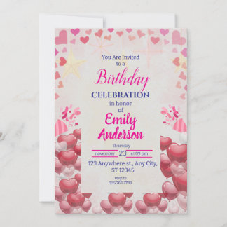 Invitation Purples roses | Balloons Étoiles Fille de fête d'a