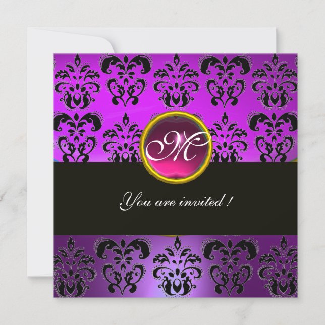 Invitation PURPRE FUCHSIA NOIR DAMAS MONOGRAMME, améthyste ro (Devant)