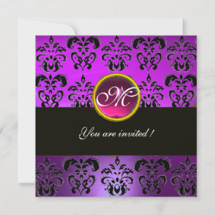 Invitation PURPRE FUCHSIA NOIR DAMAS MONOGRAMME, améthyste ro