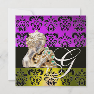 INVITATION PURPRE, JAUNE, NOIR, BLANC DAMAS JEWEL MONOGRAMME