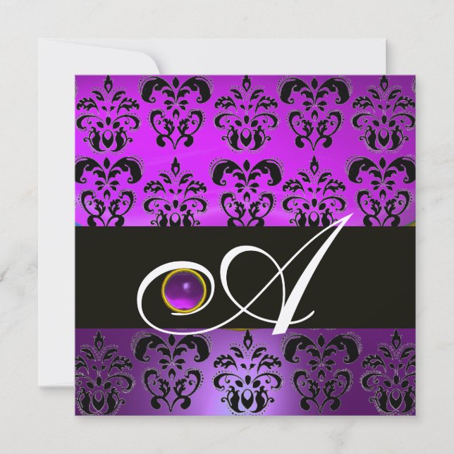 INVITATION PURPRE NOIR DAMAS MONOGRAMME AMÉTHYSTE MÉTAL DORÉ (Devant)