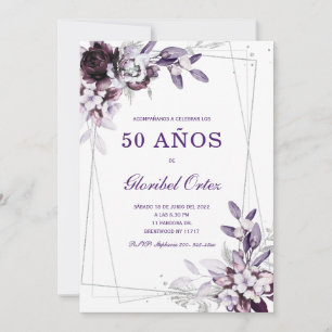 Invitation Púrpura et Lavande Argent modèle d'anniversaire 50