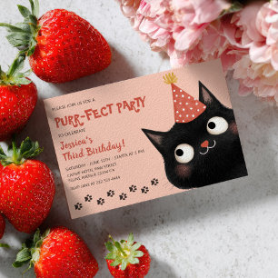 Invitation Purr-fect Chat noir rose pour enfants fête d'anniv