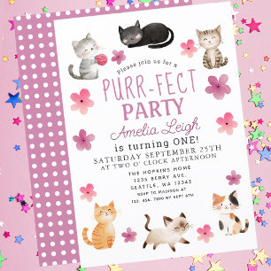 Invitation Purr-fect Cute Cats Floral Girl 1er anniversaire