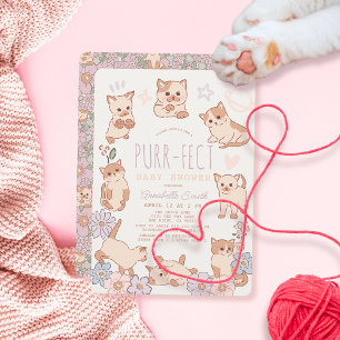Invitation Purr-fect Cute Cats Floral Girl Baby shower