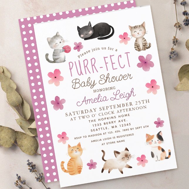 Invitation Purr-fect Cute Cats Floral Girl Baby shower (Créateur téléchargé)