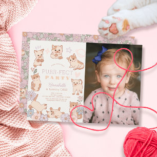 Invitation Purr-fect Party Chats Floral 1er Anniversaire Phot