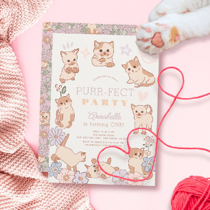 Invitation Purr-fect Party Cute Cats Floral Girl 1er annivers
