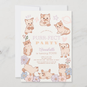 Invitation Purr-fect Party Cute Cats Floral Girl Anniversaire