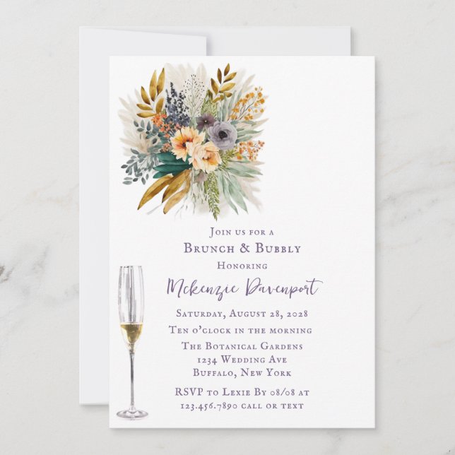 Invitation Putain Purple et Gold Peony Brunch et Bubbly (Devant)