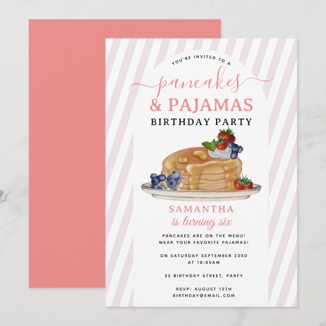 Invitation Pyjama aux pancakes Fête d'anniversaire fille Enfa (Devant / Derrière)