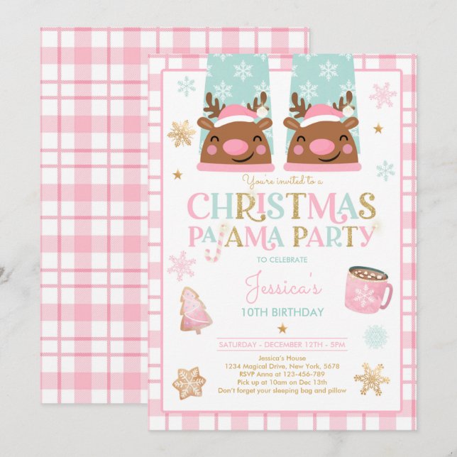 Invitation Pyjama de Noël rose et or fête d'anniversaire (Devant / Derrière)