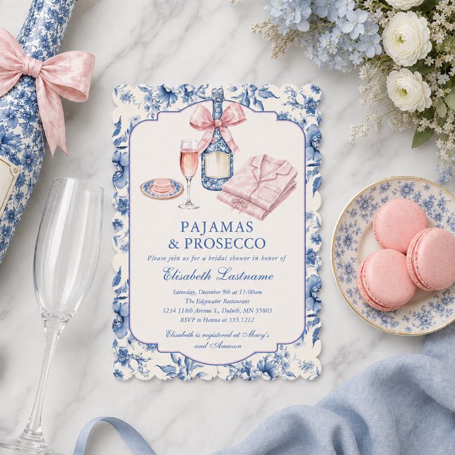 Invitation Pyjama et Prosecco Nœud Rose Mariage (Pajamas and Prosecco Pink Bow Bridal Shower Invitation)