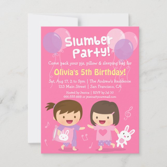 Invitation Pyjama Party Anniversaire Filles Adorables (Devant)