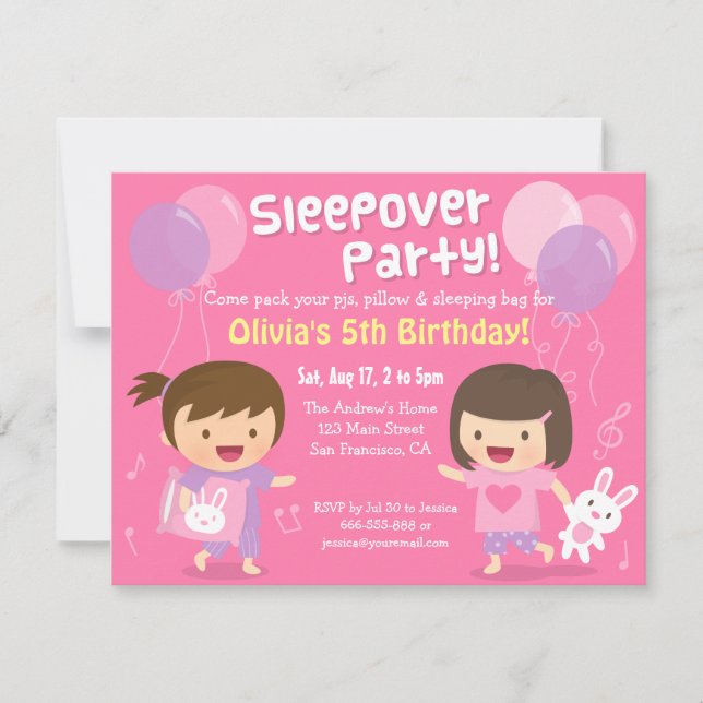 Invitation Pyjama Party Anniversaire Filles Cute (Devant)