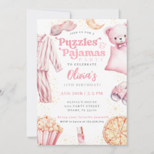 Invitation Pyjama Party d'anniversaire avec Puzzles et Soirée